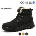Black leather steel-toed safety work shoe with a rubber sole, shown on a grey background.