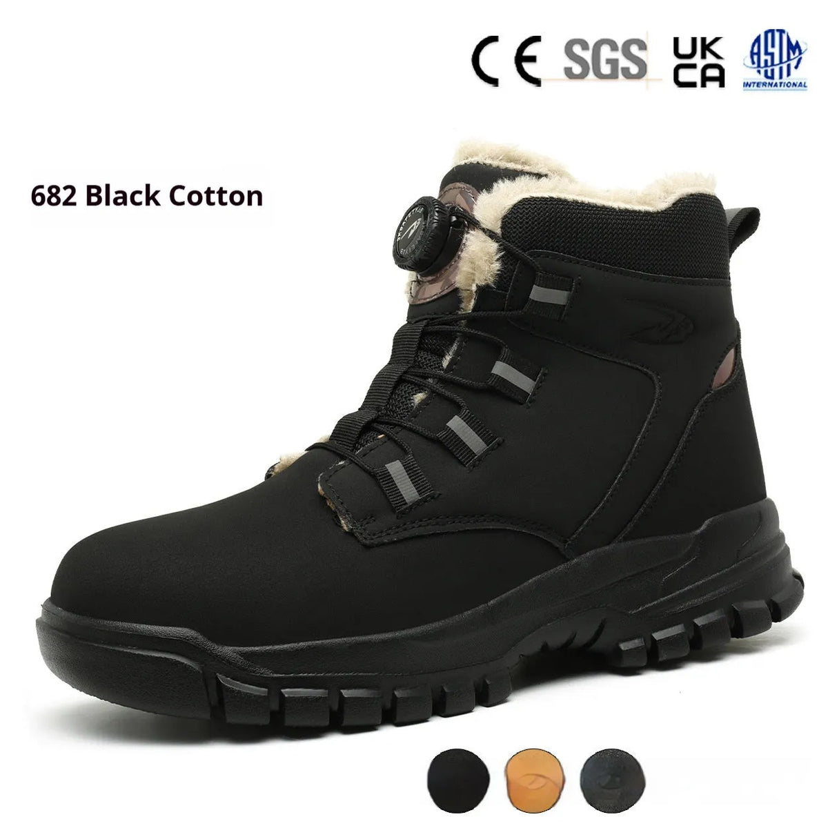 Black leather steel-toed safety work shoe with a rubber sole, shown on a grey background.