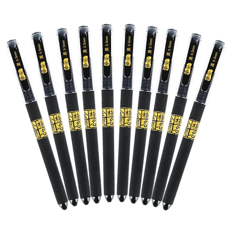 Set of eight black gel pens with anti-fatigue barrels and quick-drying ink.