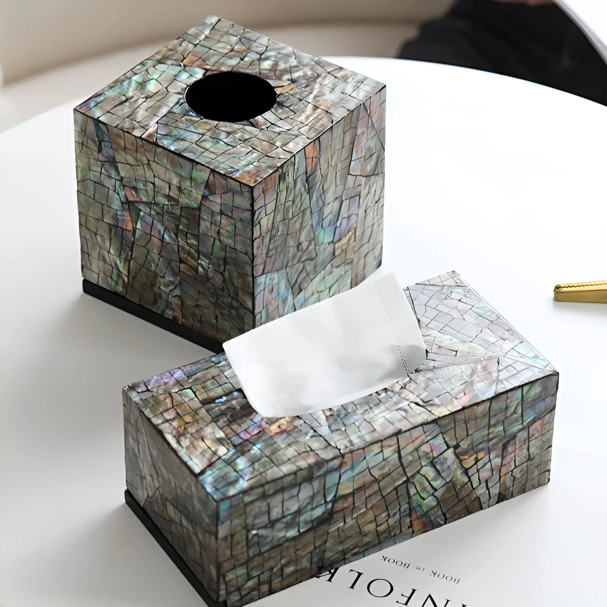 Black natural shell tissue box storage container with modern minimalist design