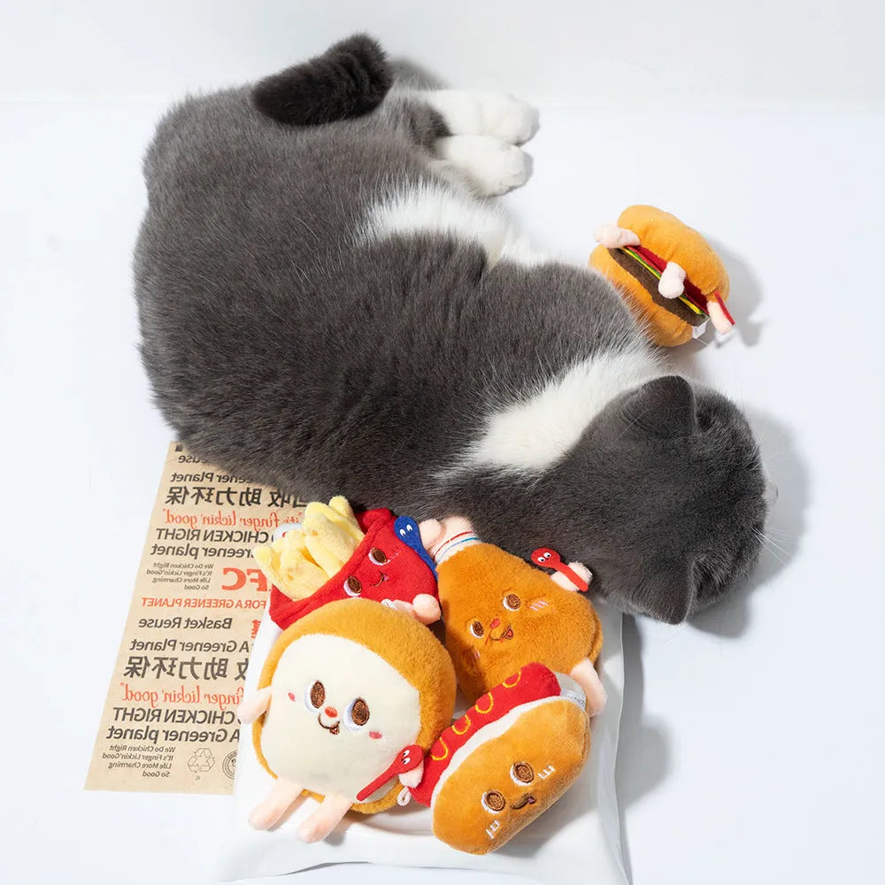 Soft TPR cat chewing toy set with hamburger, chicken leg, bread, fries, and hot dog designs for kitten teething.