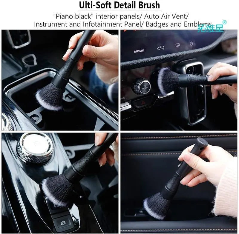 Black car detailing brush with super soft pig hair bristles shown in two size options for interior cleaning