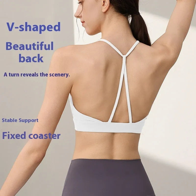 Women's nylon sports vest with fixed double-shoulder straps in multiple colours on a size chart.