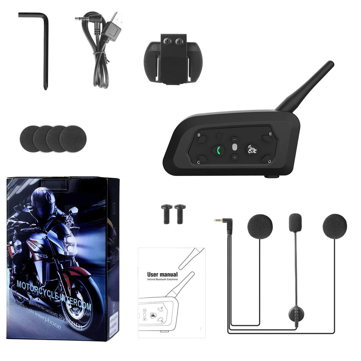 V6 Pro motorcycle helmet Bluetooth intercom unit with mounting clip and charging cable