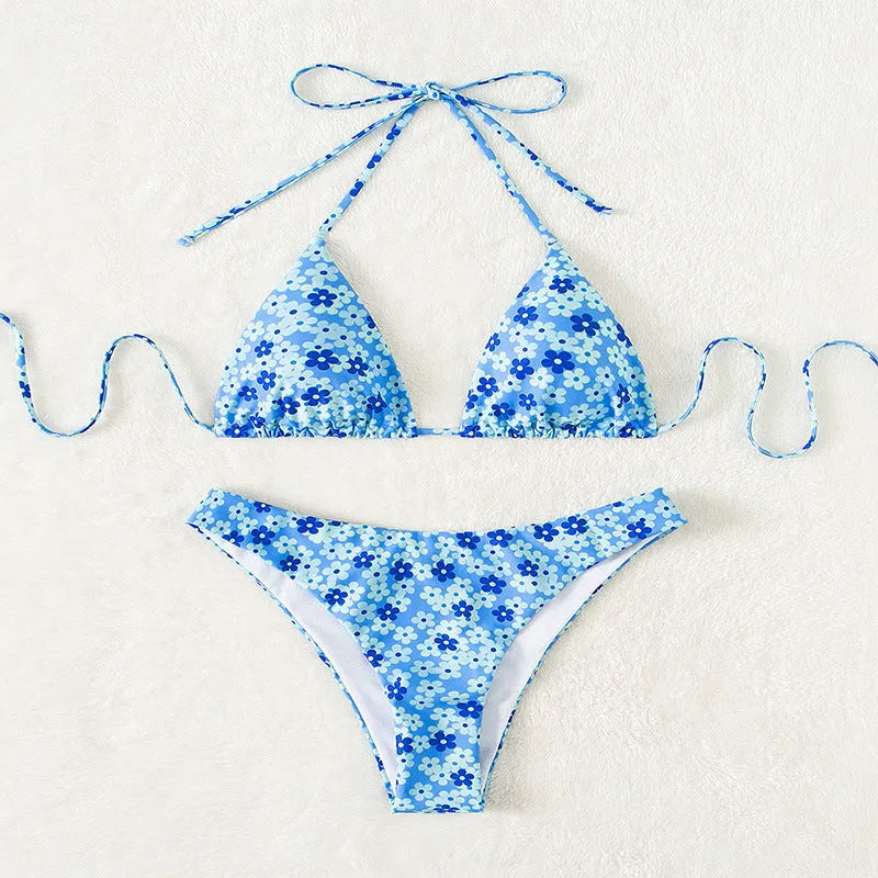 Women's blue printed lace-up swimsuit set with matching shorts