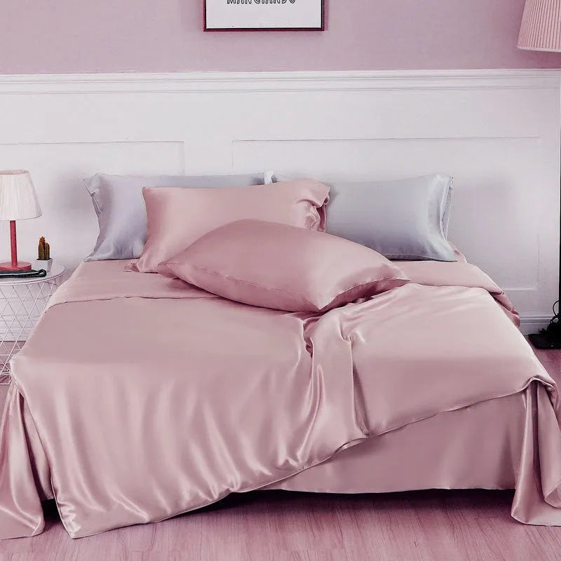 Solid colour double-sided silk duvet cover shown in bright brown, with other colour options available.