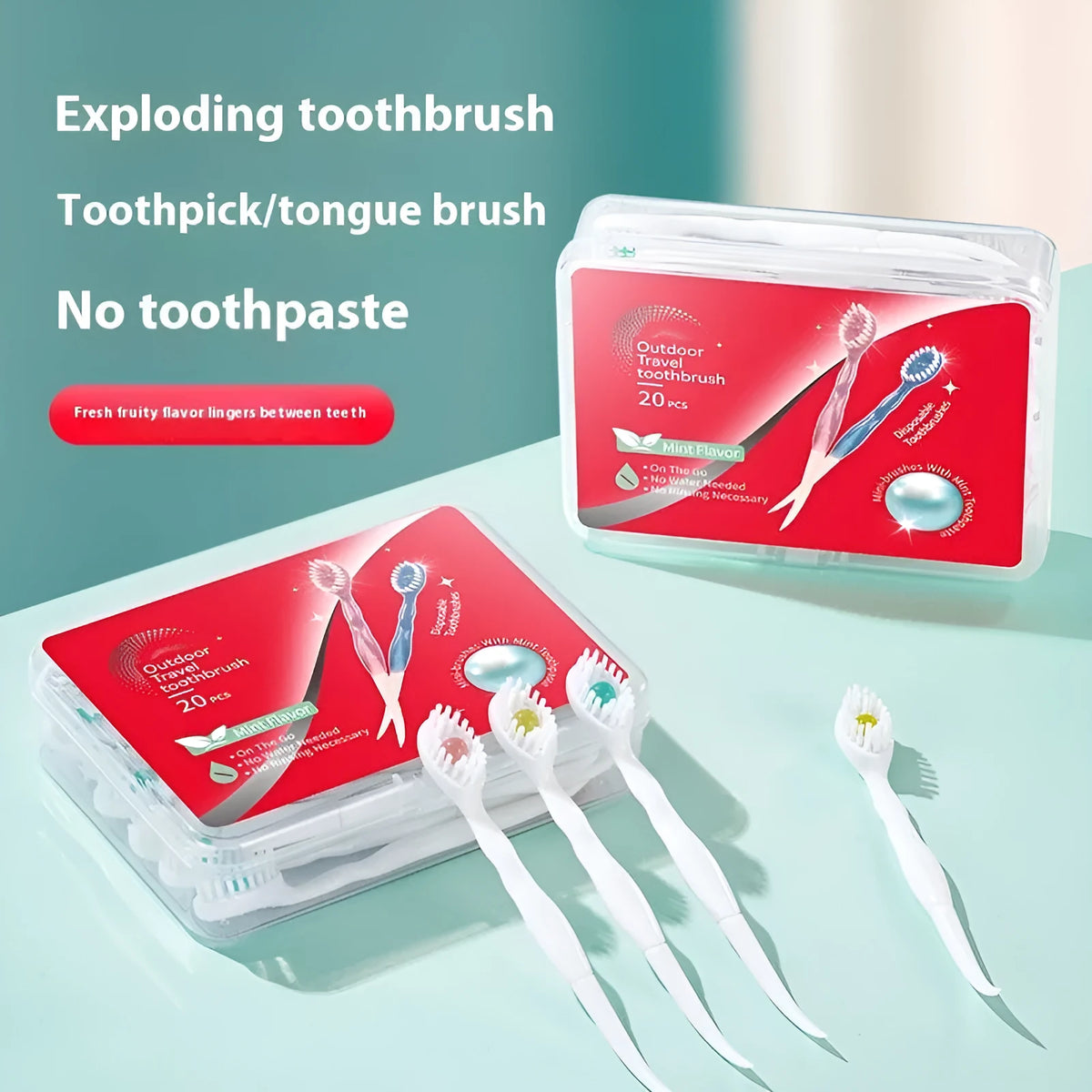 Box of 20 disposable bead toothbrushes for travel with flavour options including mint, peach, and plum green tea