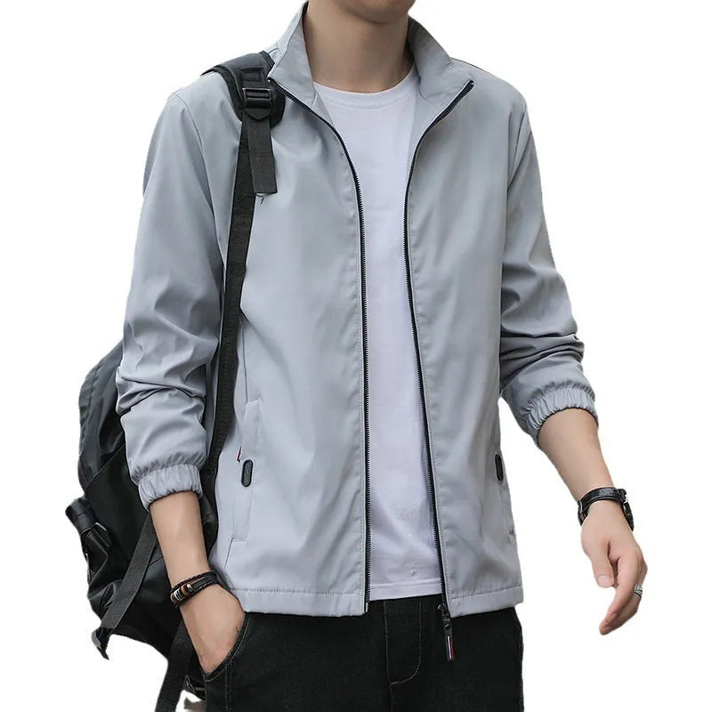 Korean-style loose-lapel casual jacket in polyester blend fabric with zipper closure and pocket styling
