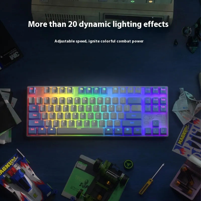 Wireless Bluetooth mechanical keyboard with metal board in blue-white and purple-white colour options
