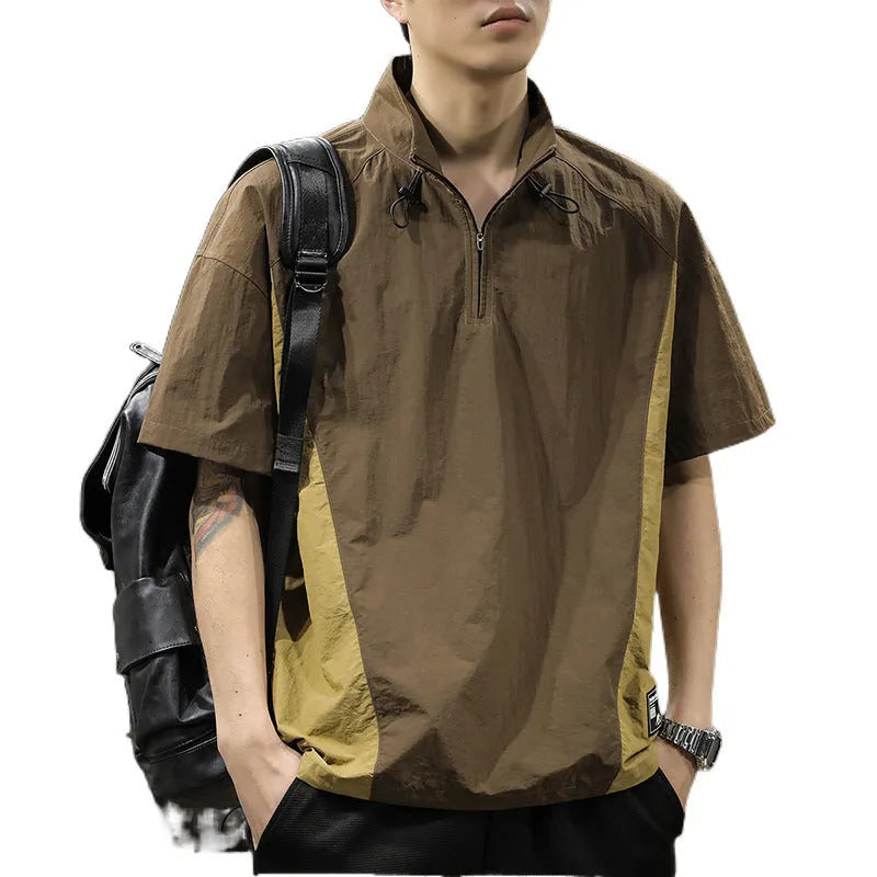 Men's brown half-zip stand collar shirt with short sleeves and loose fit
