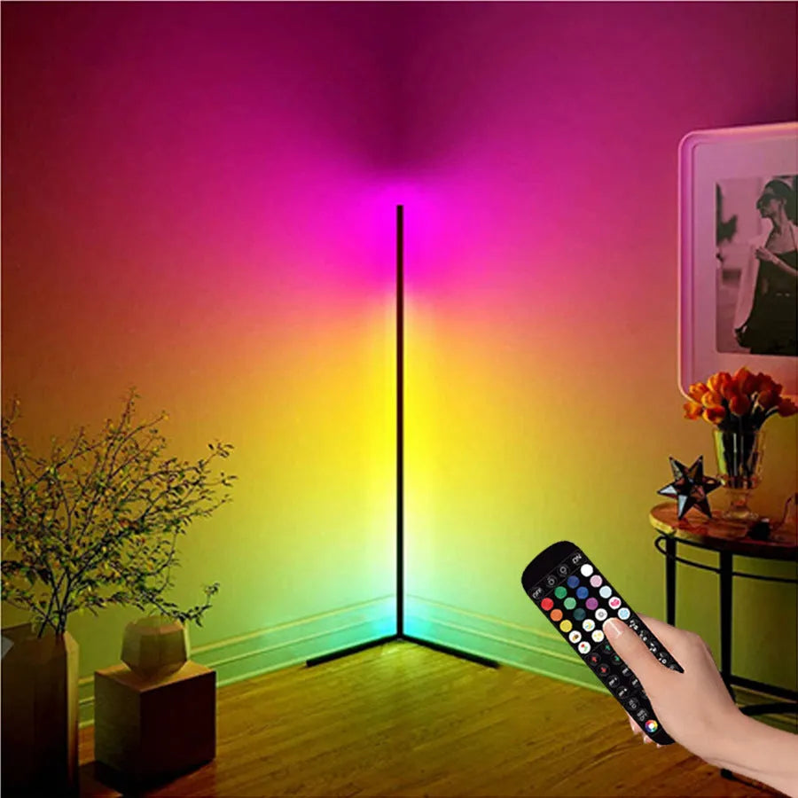 Black smart RGB atmosphere floor lamp with aluminium alloy body and silicone shade