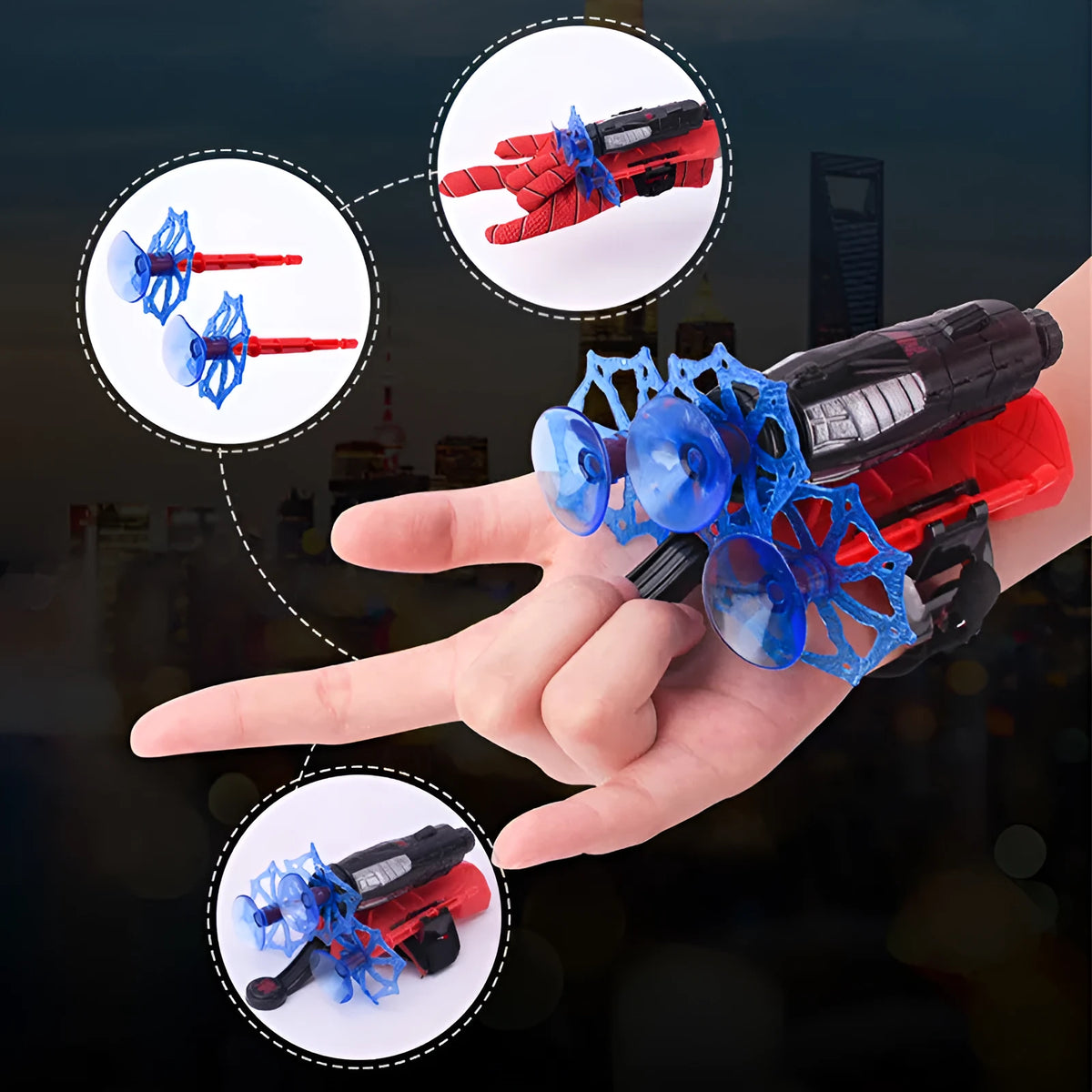 Plastic spider launcher wrist transmitter toy in green with one-size-fits-all fit and glove option