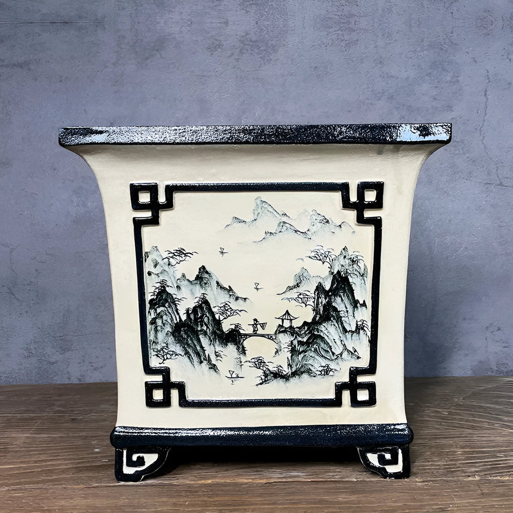 Hand painted ceramic flower pot with glazed finish and Chinese style landscape painting in Beautiful Scenery design