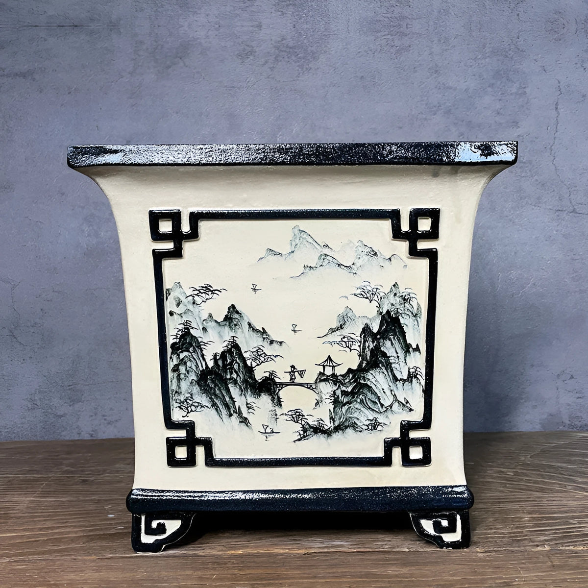Hand painted ceramic flower pot with glazed finish and Chinese style landscape painting in Beautiful Scenery design
