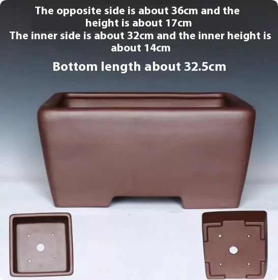 Square purple clay succulent bonsai pot in classical style on wooden table