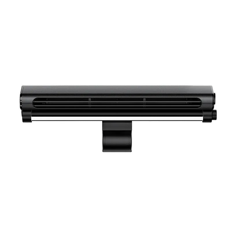 Black bladeless clip-on fan with LED light attached to laptop screen showing USB cable connection