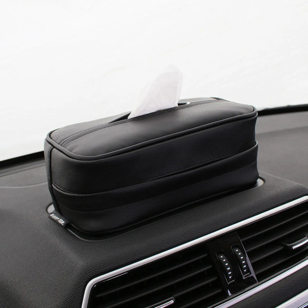 PU leather car hanging storage box in black and beige colours with paper bag construction