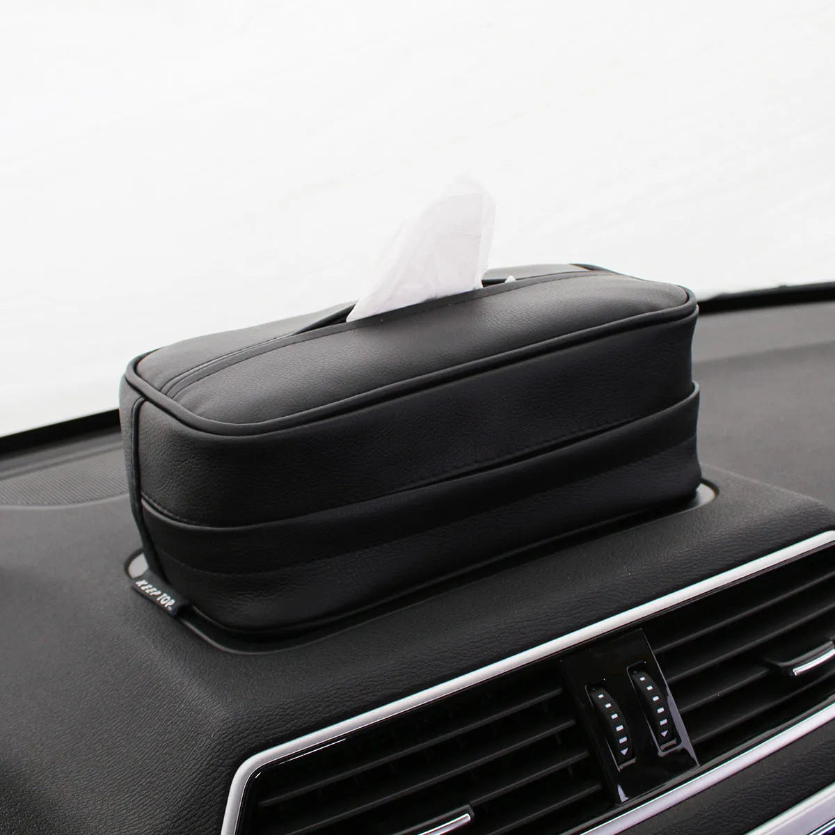 PU leather car hanging storage box in black and beige colours with paper bag construction