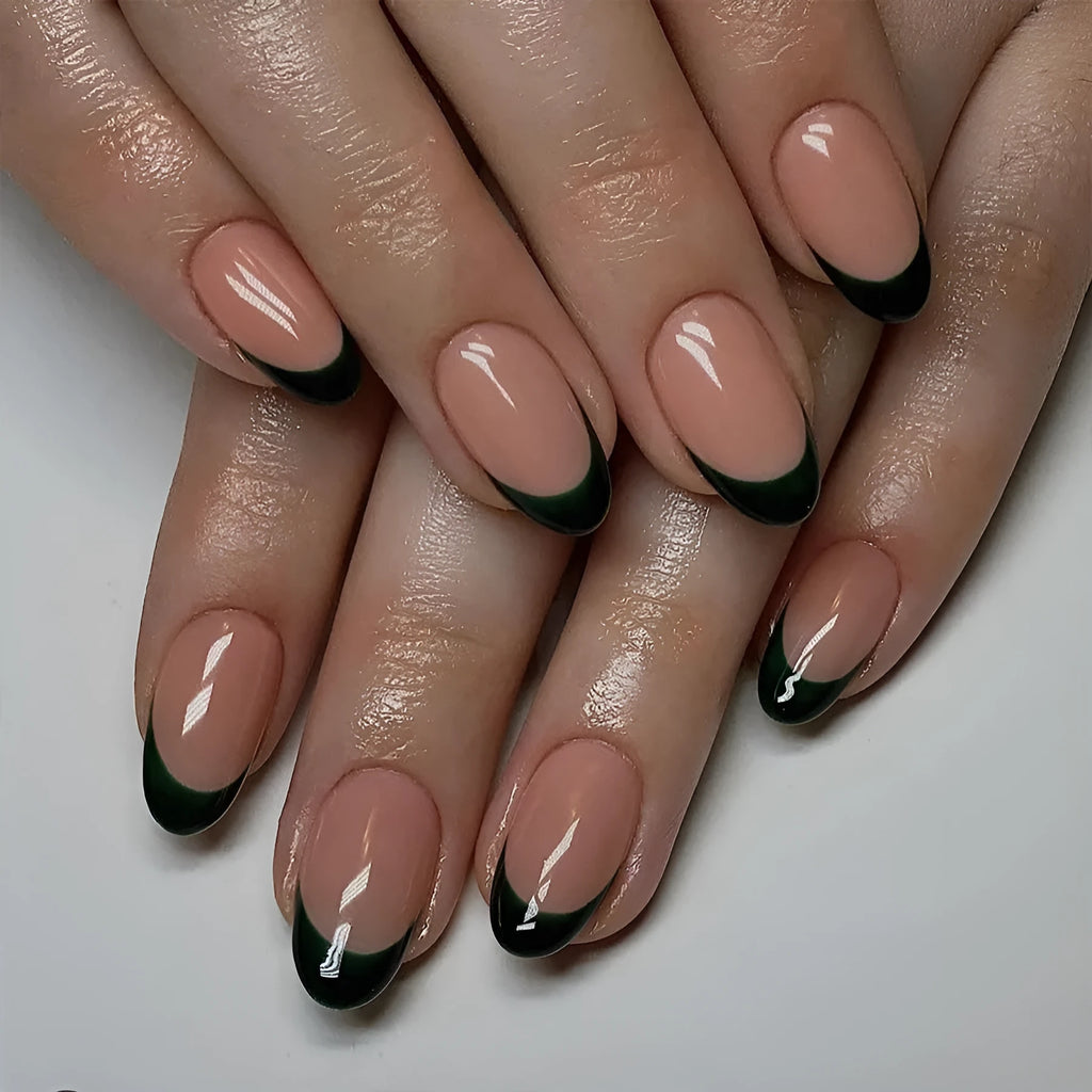 24 piece pack of black French tip false nails in a short almond shape