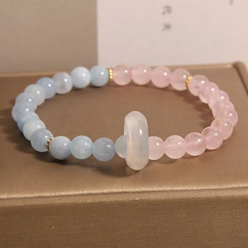 Women's aquamarine crystal bracelet set with dopamine pink and blue colour options and geometric design