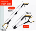 Folding aluminium garbage pick-up clamp with extended shaft and magnetic sucker attachment on a blue handle.