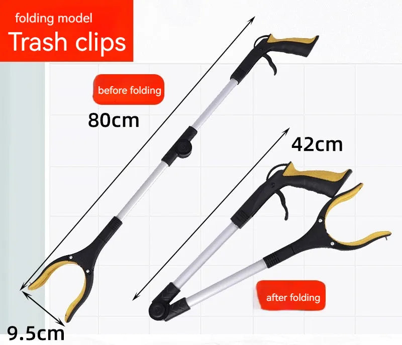 Folding aluminium garbage pick-up clamp with extended shaft and magnetic sucker attachment on a blue handle.