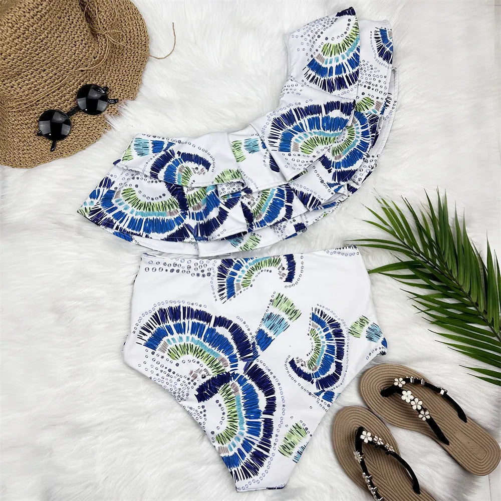 White women's one-shoulder swimsuit with lotus leaf texture and asymmetrical split