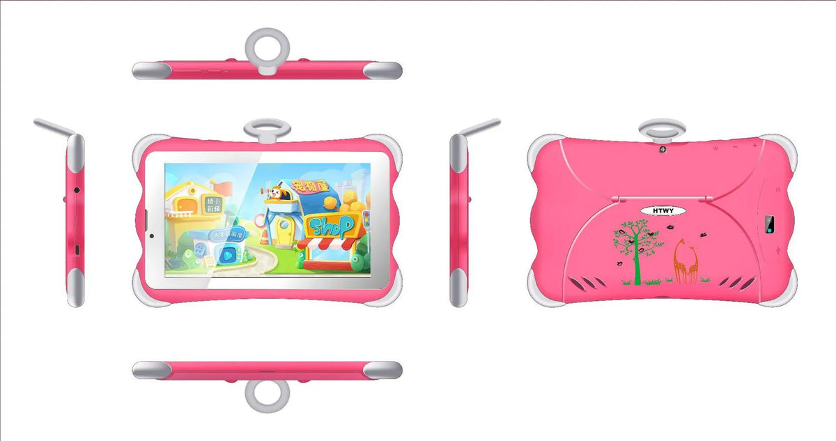 7-inch children's learning tablet with colourful cartoon design, showing screen interface and built-in stand