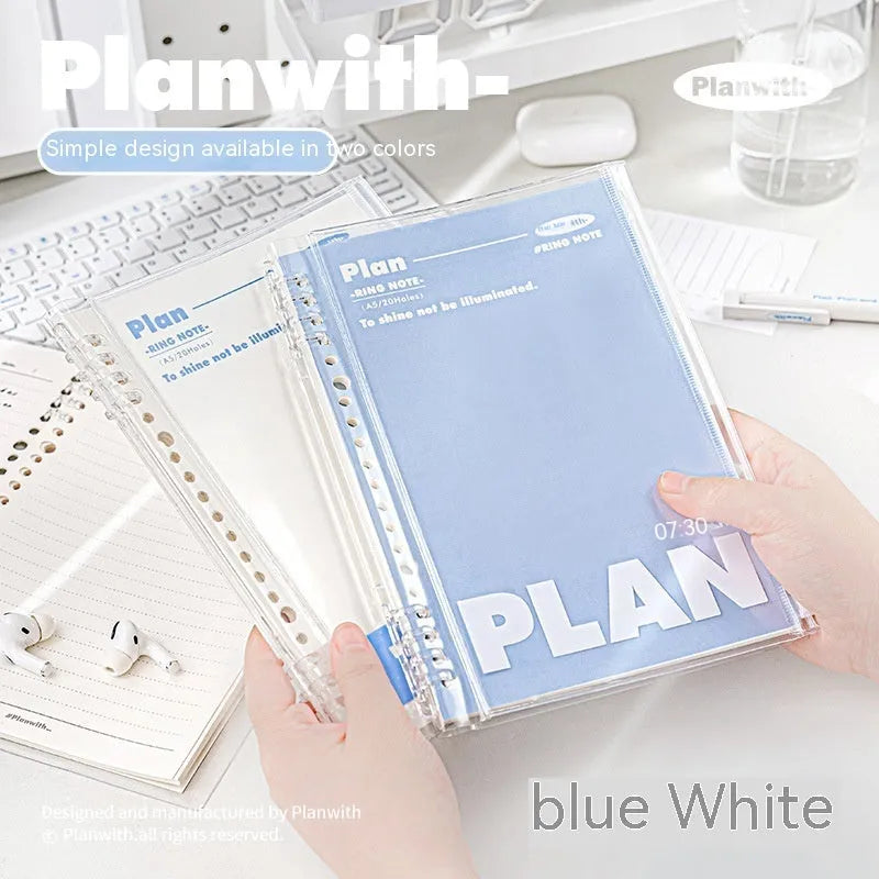 Clear blue and white A5 PVC notebook covers for spiral-bound notepads, showing dimensions of 148mm by 210mm