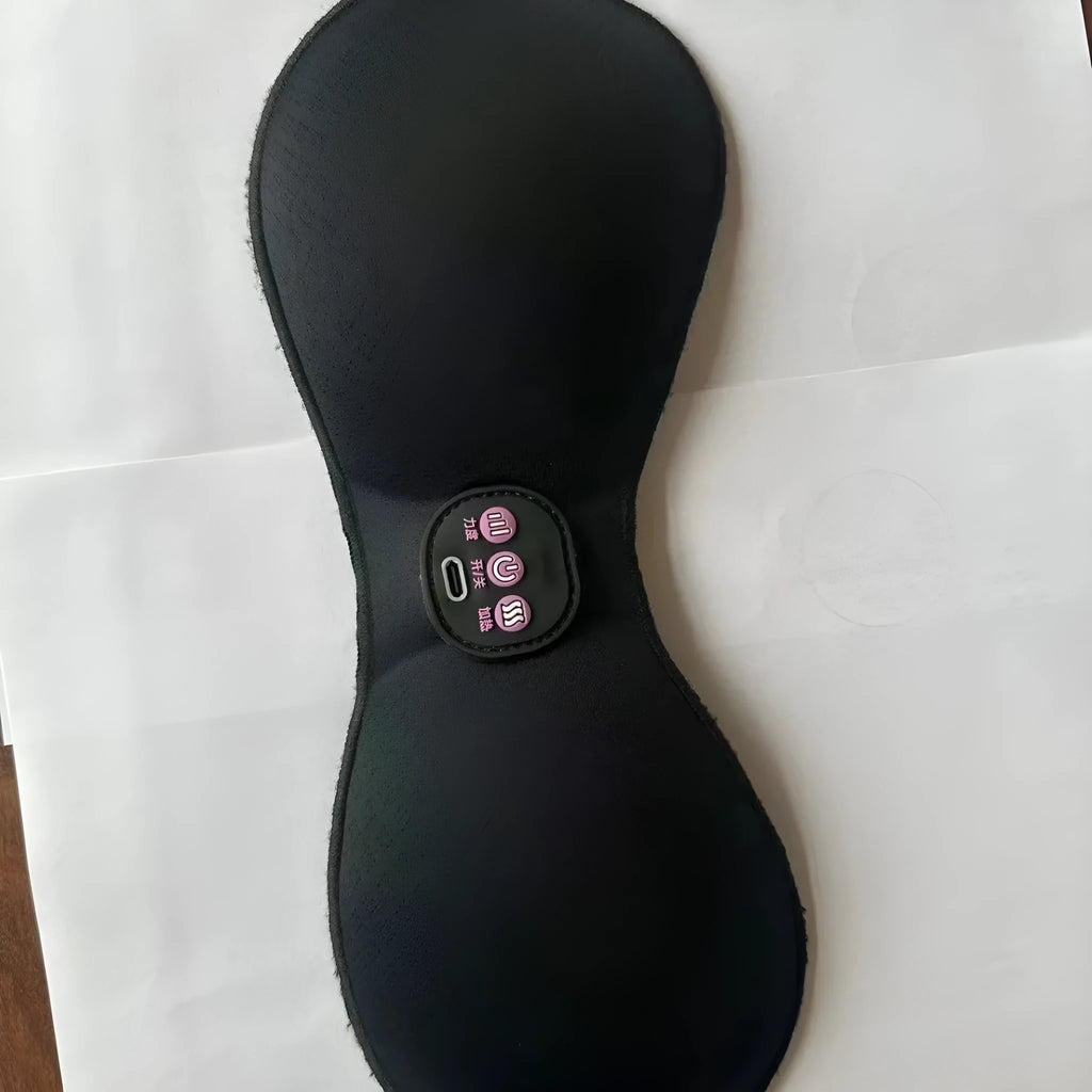 Black electric massage bra inner cushion accessory with 3-key control pad and chest stickers.