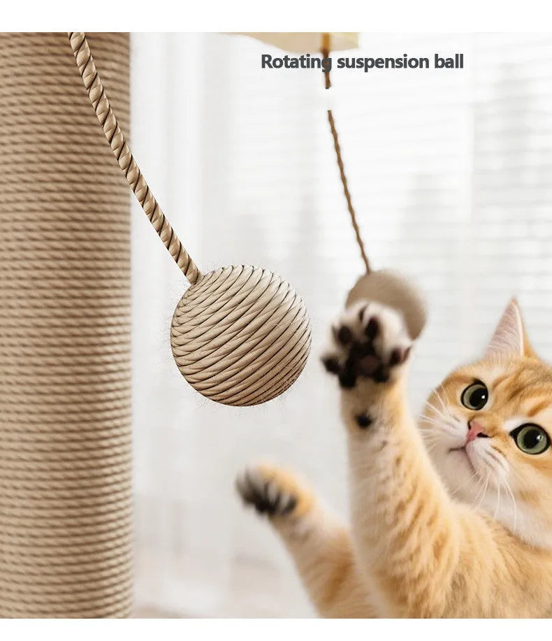 Windmill-shaped cat climbing frame with a hanging ball toy, made from pine wood with carpet leather surfaces