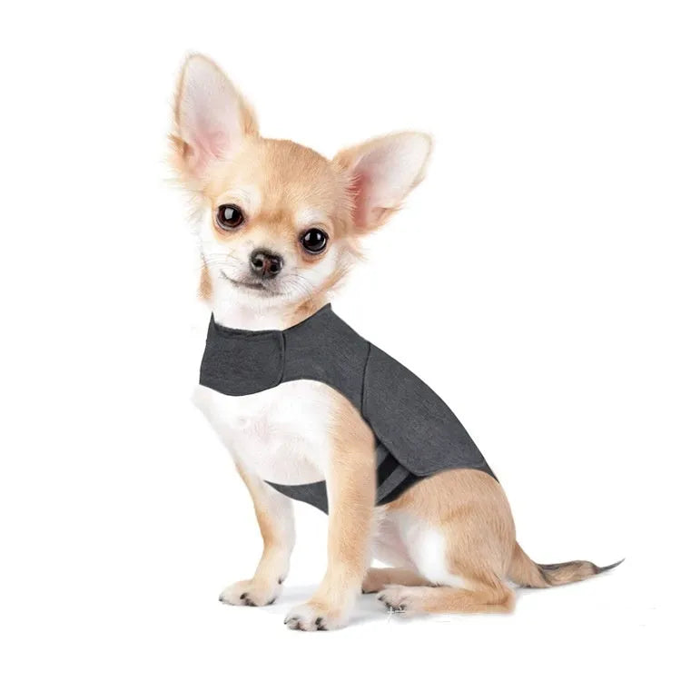 Heather grey dog anxiety jacket and warm vest in brocade cotton ponte fabric showing size range