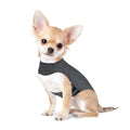 Heather grey dog anxiety jacket and warm vest in brocade cotton ponte fabric showing size range