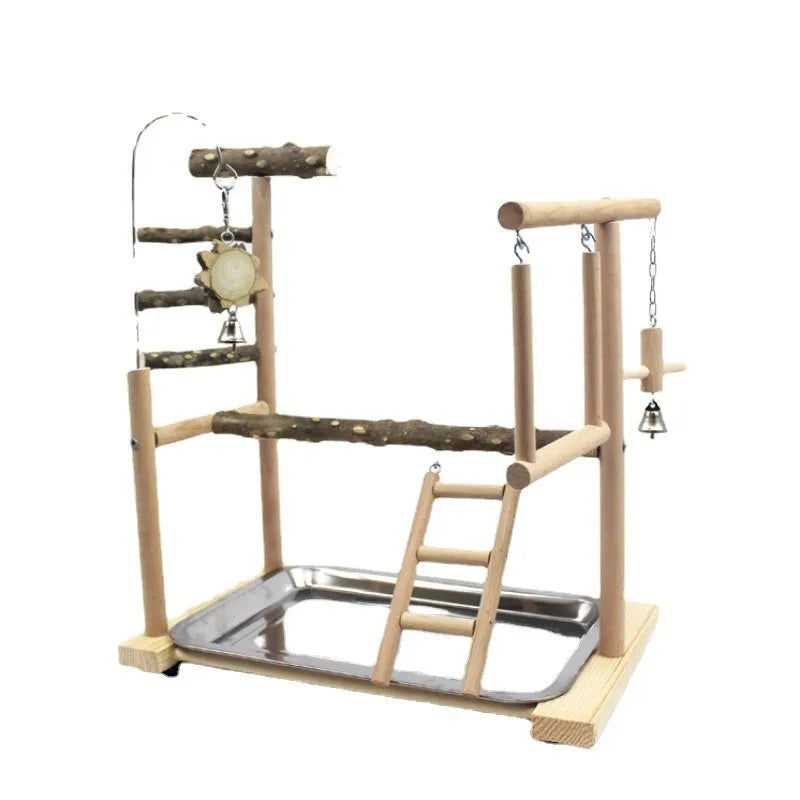 Natural pepper wood parrot toy stand with multiple platforms and a pole for accessories.