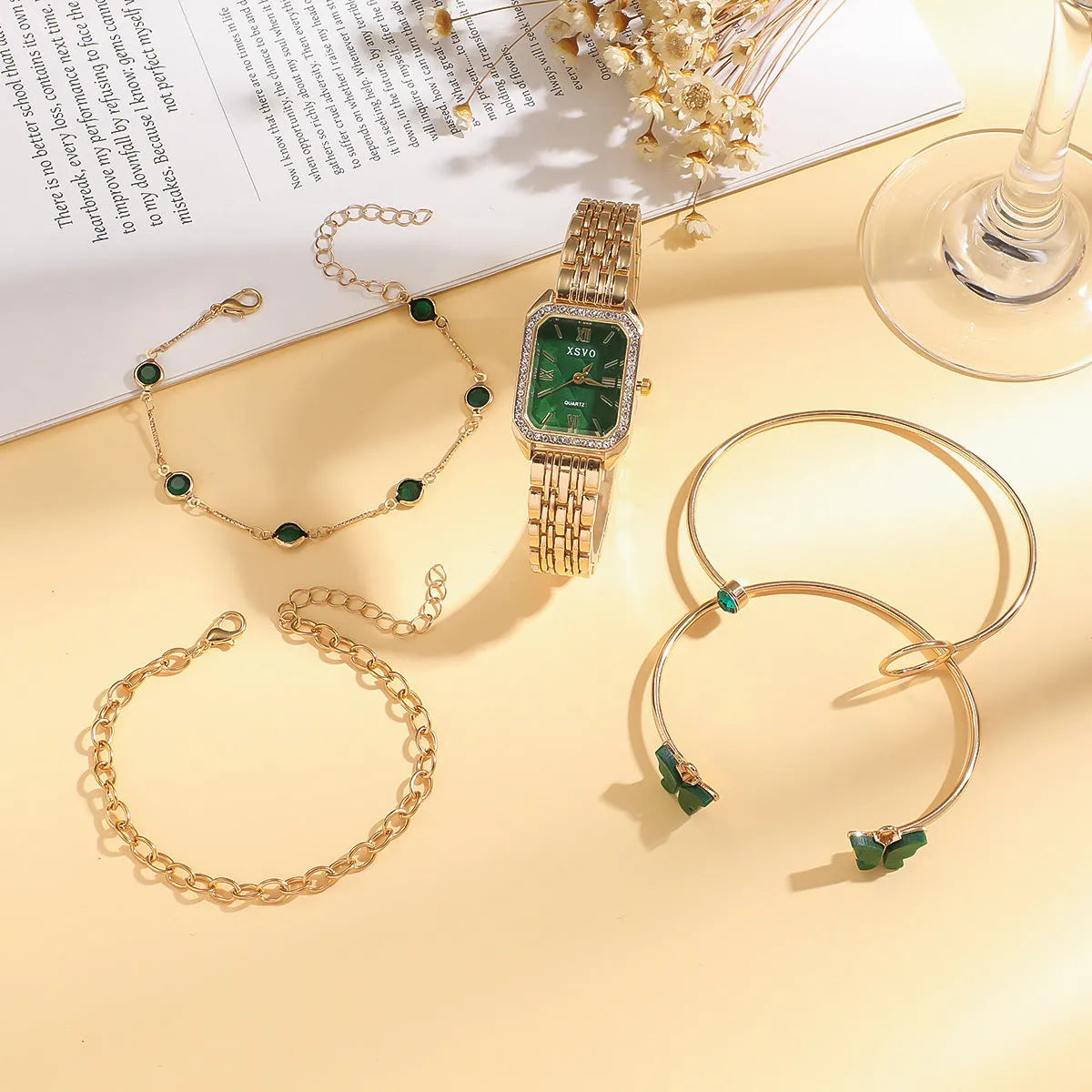 Gold green square dial watch with four matching alloy butterfly bracelets in a 5-piece gift set