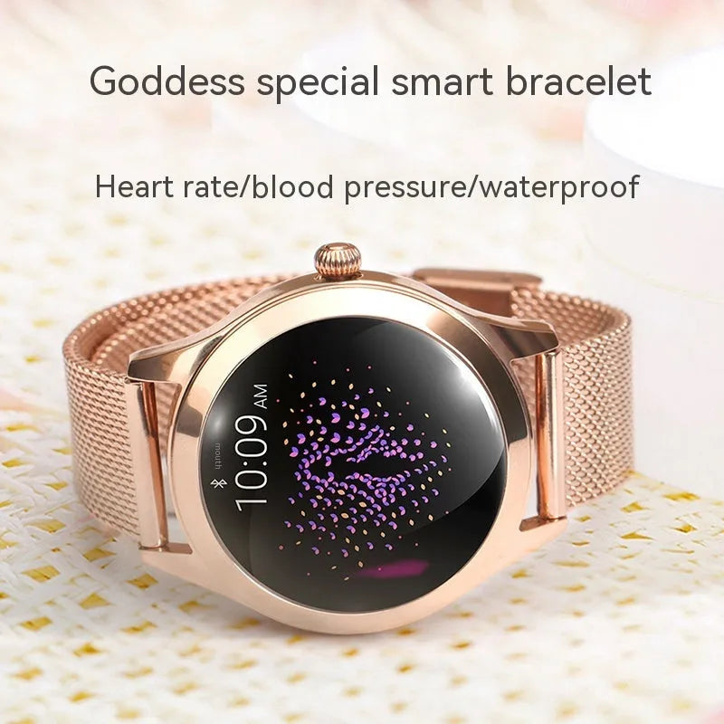 Women's sports smartwatch showing fitness tracking display on wrist, available in black, white, rose gold, and silver.