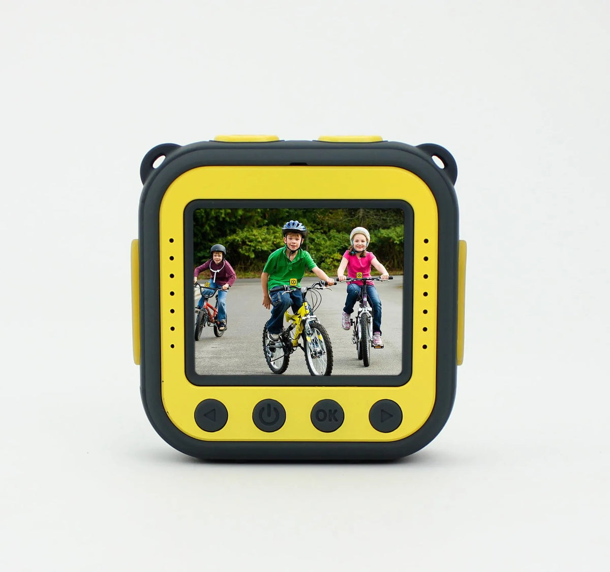 Yellow children's waterproof sports camera showing front with lens and 1.77-inch screen.