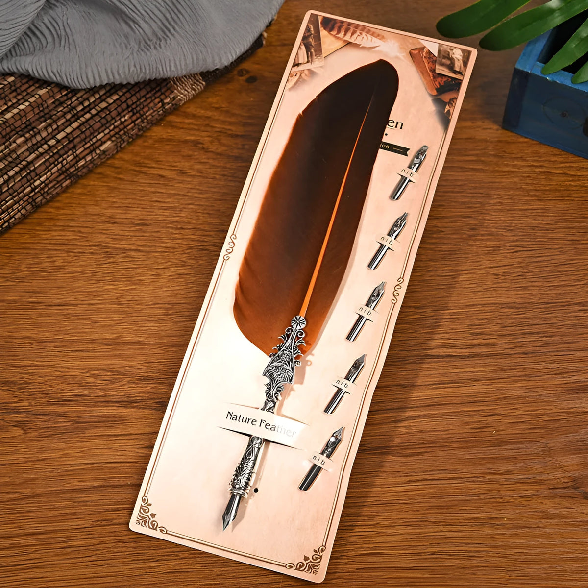 Vintage zinc alloy feather dip pen in retro style measuring 30 cm long