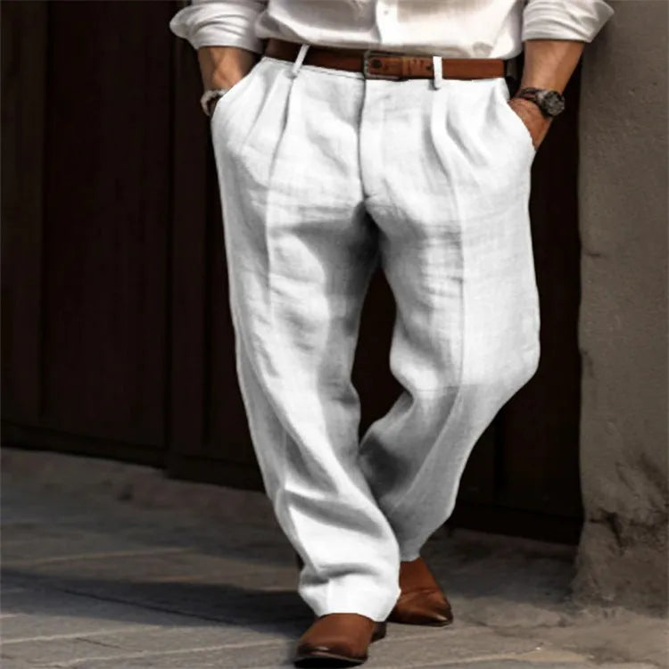 Men's linen trousers, double pleated front, straight leg, mid waist, zip fly, available in black, white, khaki, olive green