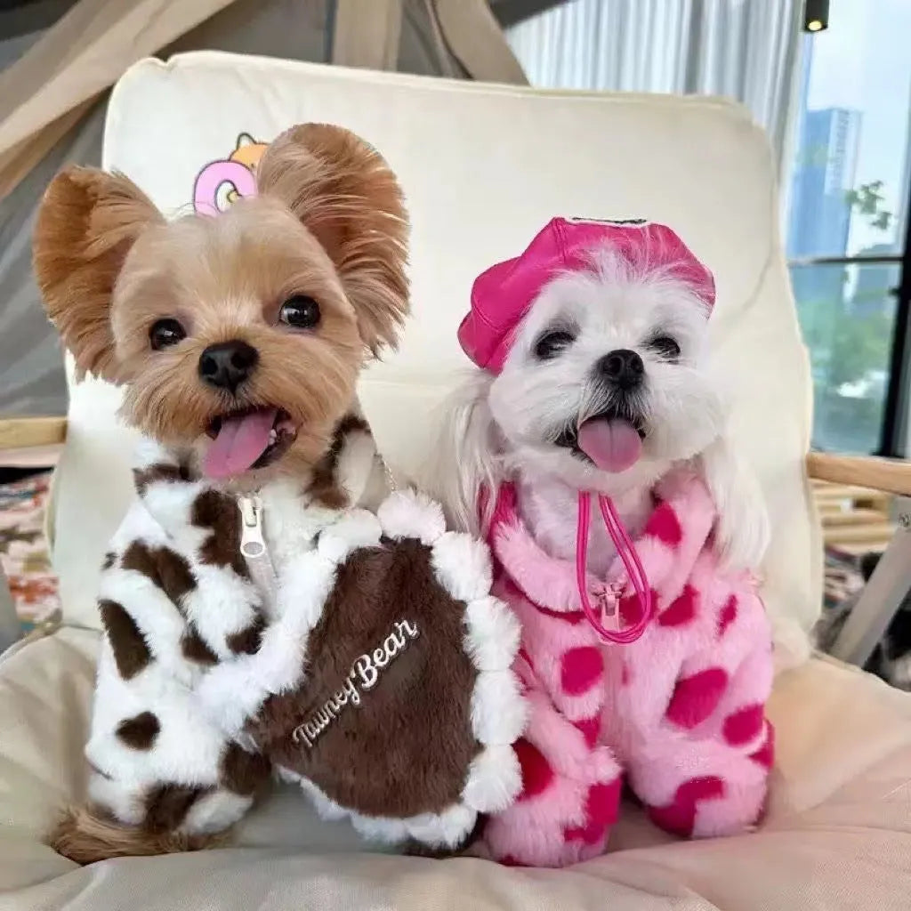 Small dog wearing British style plush warm coat in pink or brown colour
