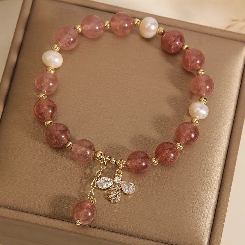 Women's freshwater pearl and strawberry quartz bracelet with zircon accents, Japanese and South Korean style