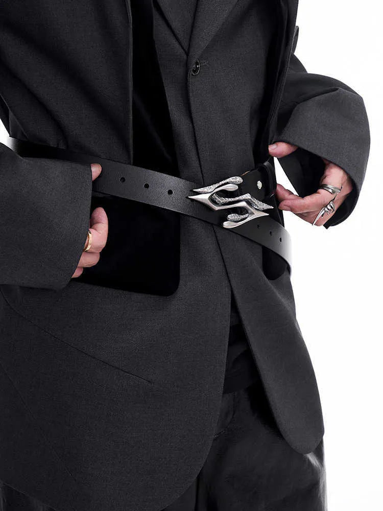 Black men's leather belt with a metal letter buckle, shown at 110 cm length.