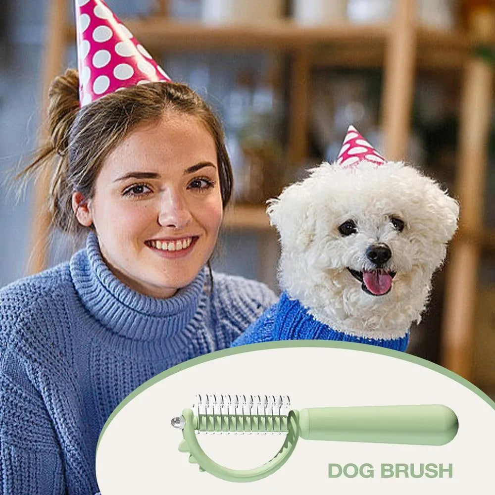 Blue dinosaur-shaped cat brush with double-sided stainless steel bristles and self-cleaning mechanism