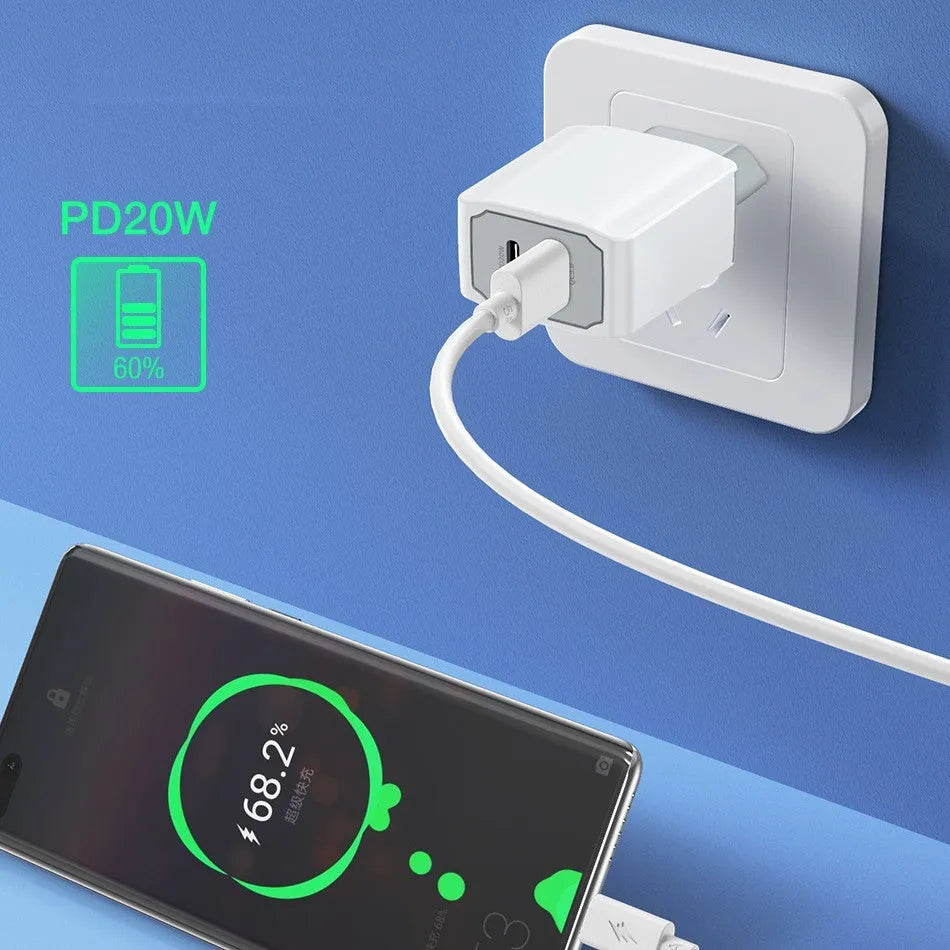 White phone fast charger set with USB charging head and European standard cable on plain background