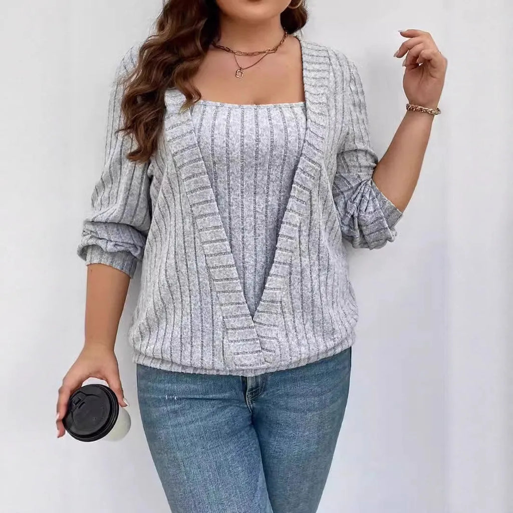 Women's solid colour V-neck long sleeve false two-piece suit in loose fit, shown in grey rib fabric.