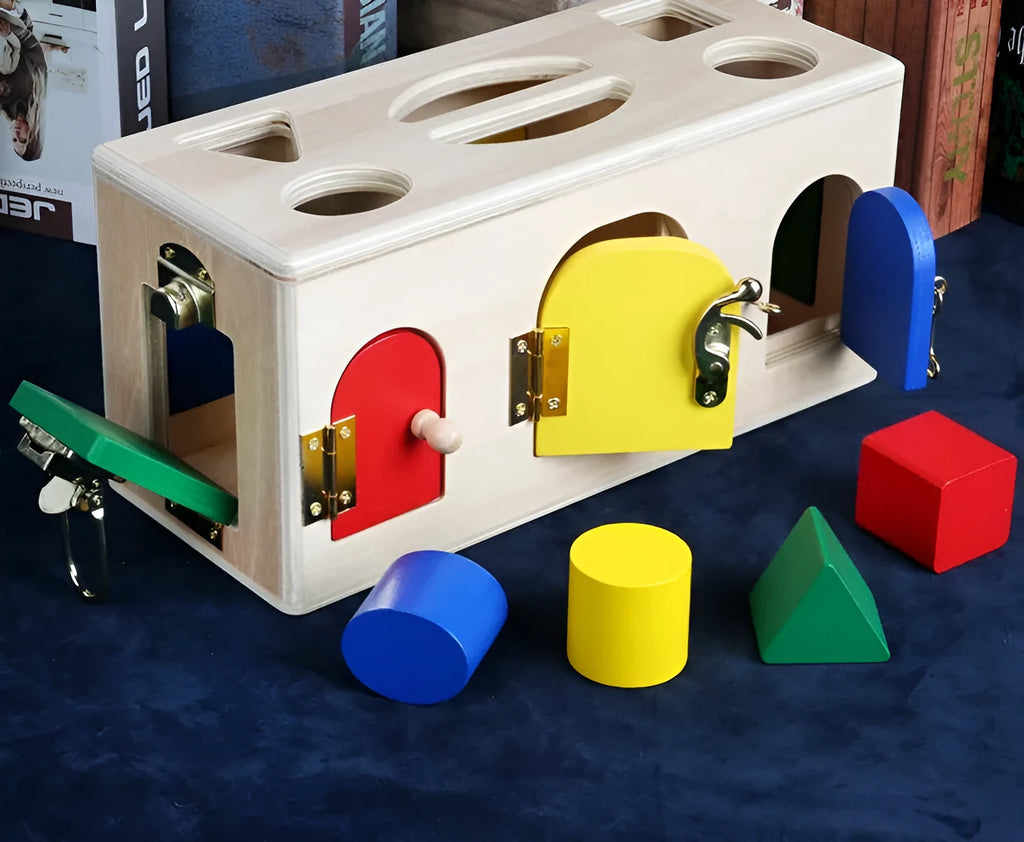Wooden educational shape lock box with 12 geometric pieces for preschool learning