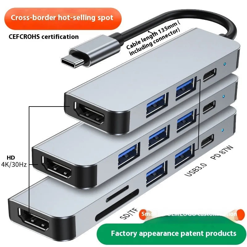 Six-in-one USB-C expansion dock for laptops with HDMI, USB ports, and card readers