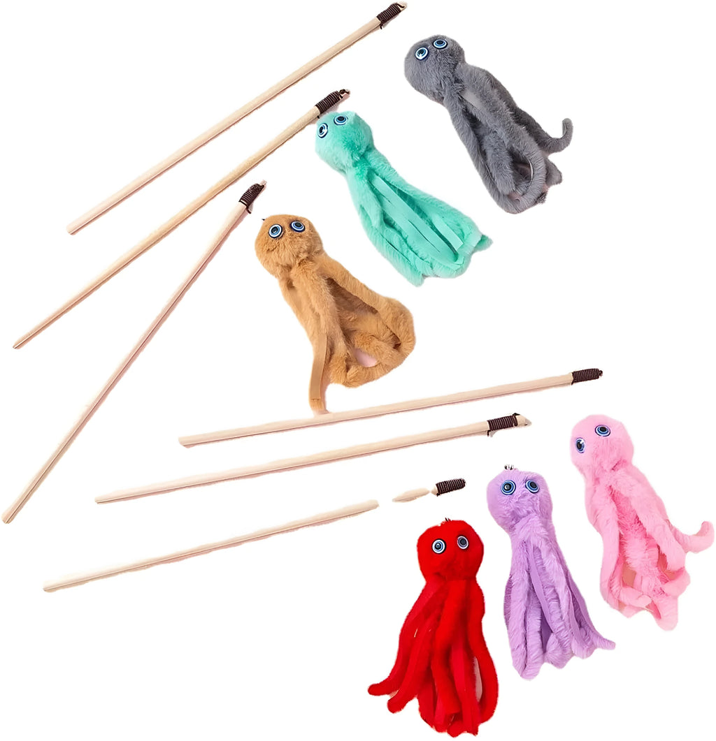 Furry octopus cat toy on 40cm long stick for indoor kitten play in bright colours