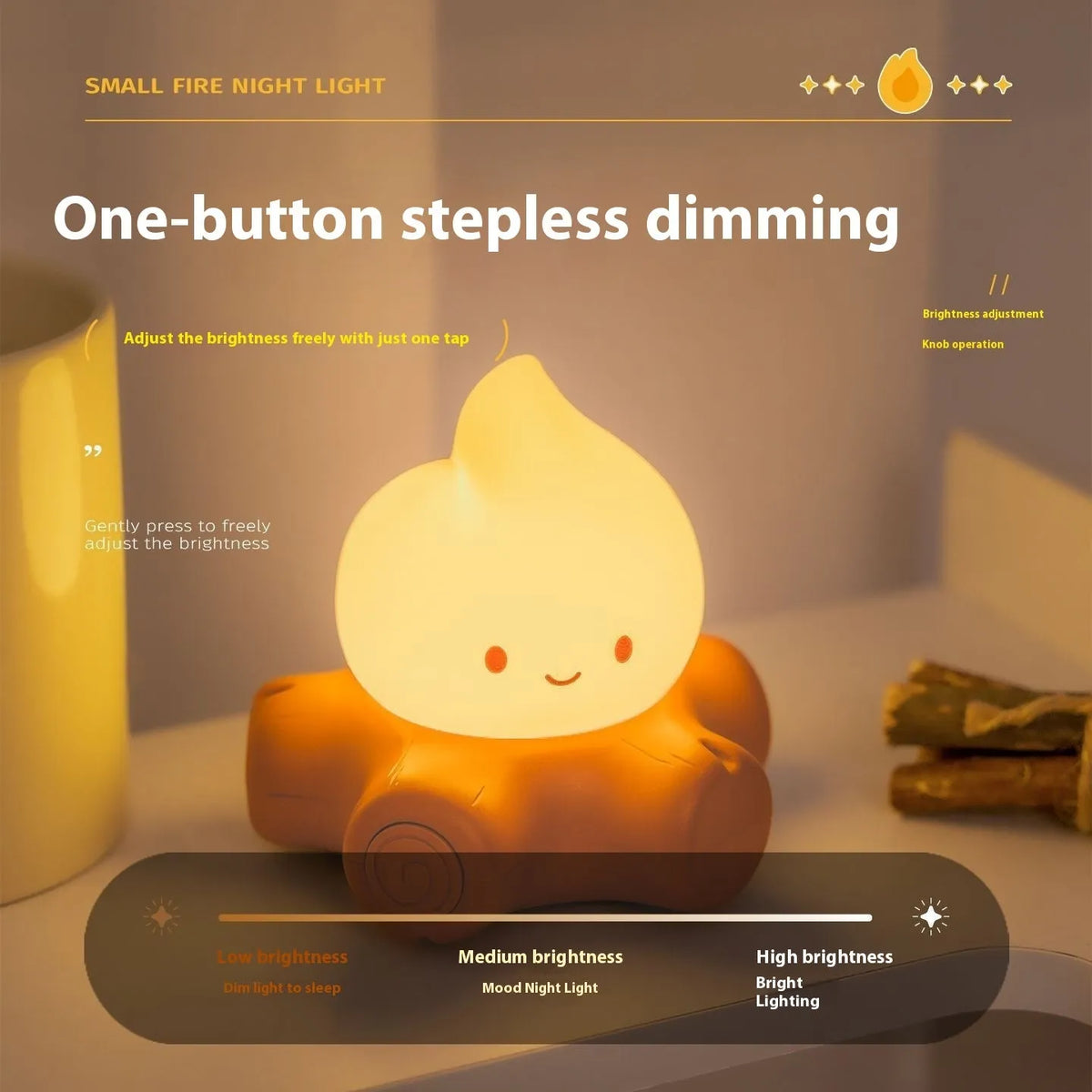 Cartoon silicone fire pile small night lamp with built-in battery and ABS shade