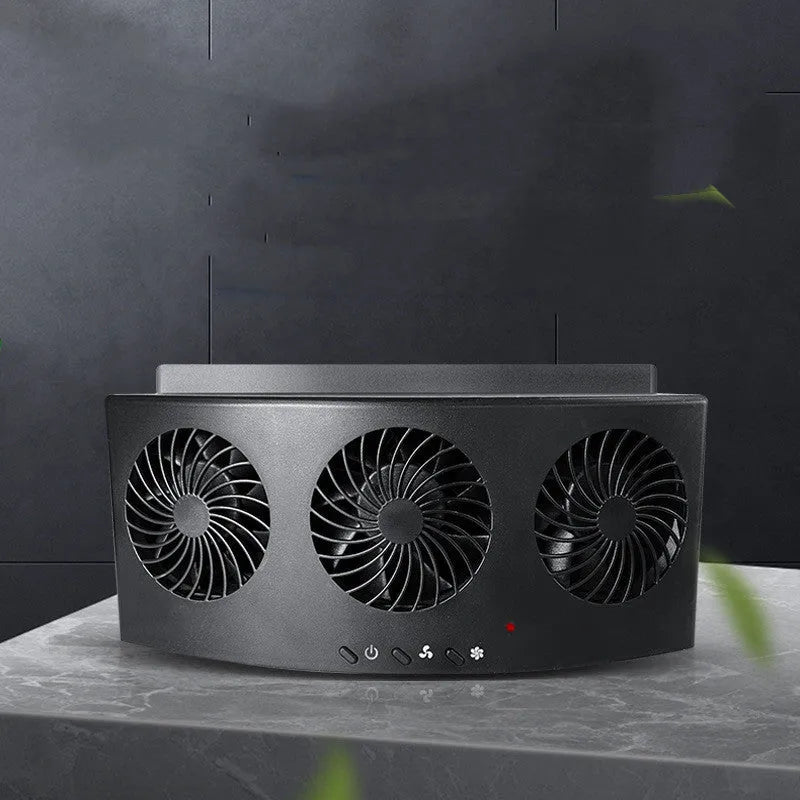 Black and white USB car ventilation fan for reducing exhaust odour and heat inside vehicles